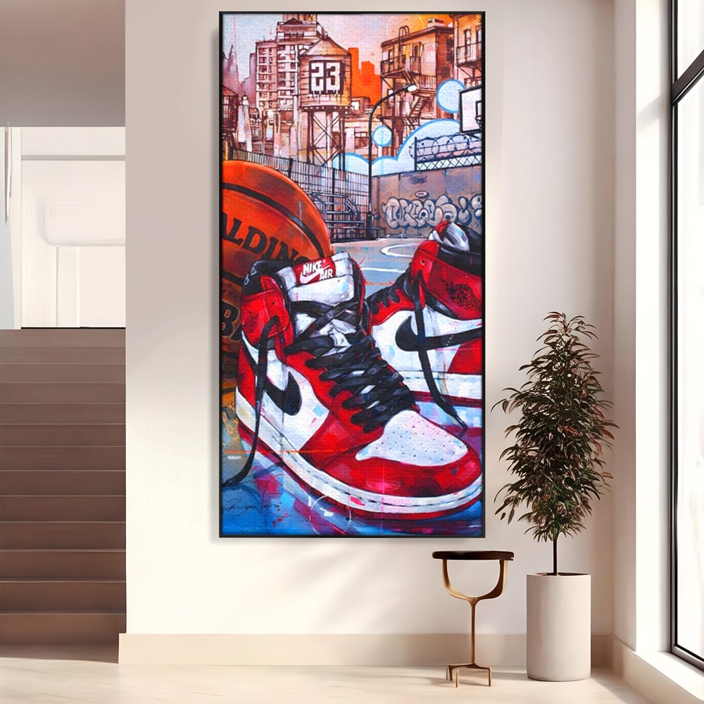 Tablou canvas cu tablou canvas cu adidasi si baschet, in rama de aluminiu negru